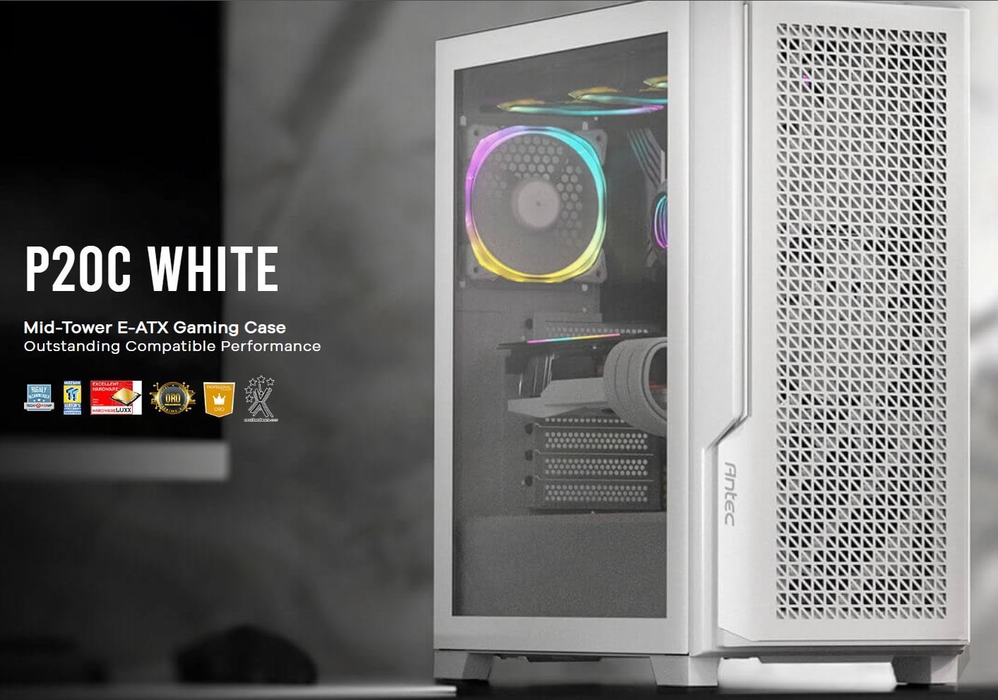 Antec P20C White, Atx, E-Atx, Atx, Usb-C, Cable Management , 4X HDD Or SSD , 375MM Gpu, 170MM Cpu 3X PWM White 12 CM Fan, Tempered Glass, Case (LS)
