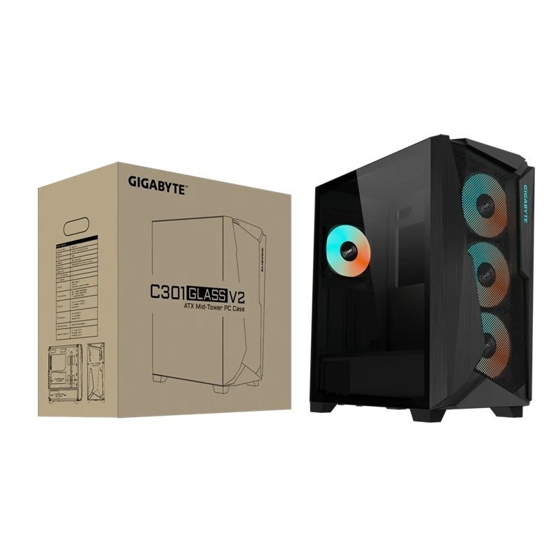 Gigabyte C301V2 RGB Tempered Glass E-Atx Black Mid Tower Gaming Chassis 2X3.5' 2X2.5' 2xUSB3.0 Detachable Dust Filter Liquid Cooling Psu Standard Atx