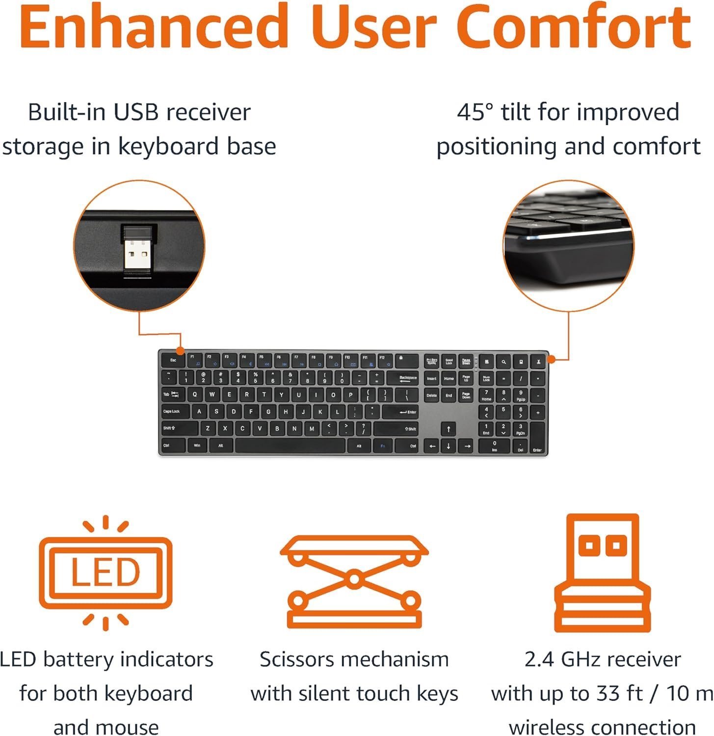 Ultra Premium Wireless Keyboard and Mouse Combo - Rechargeable, Ultra Slim Design, Quiet, Full Size, Number Pad, Unifying Receiver, Black