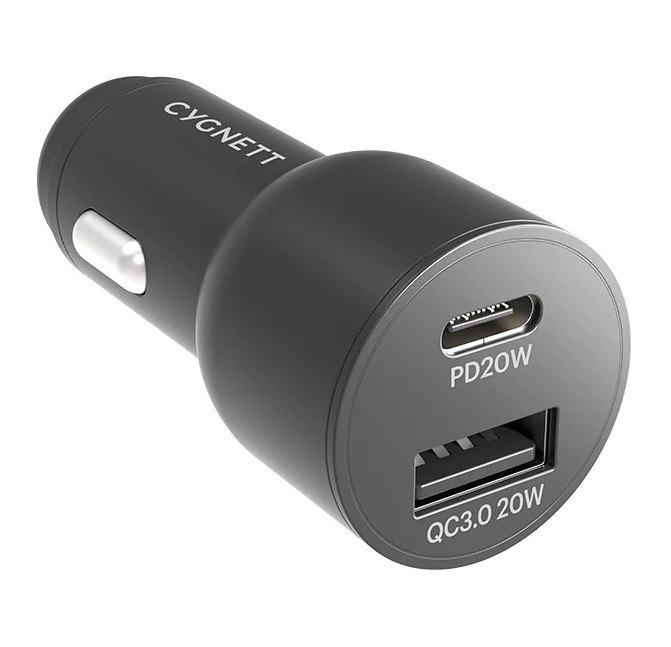 Cygnett CarPower 20W Dual Port Car Charger With 20W Usb-C PD + 20W QC 3.0 - Black (CY3637CYCCH), 0-50% Battery In Just 30 Mins, Fast Charging
