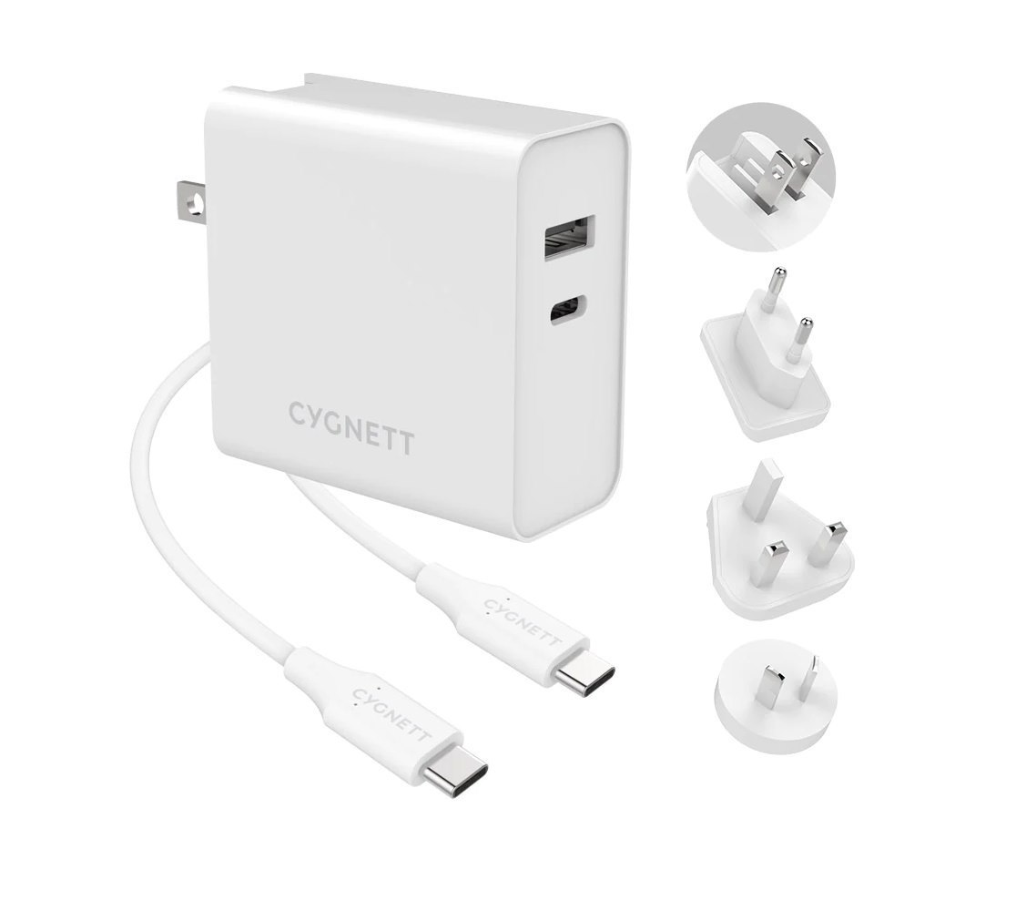 Cygnett 60W Dual Wall Charger (Usb-A & Usb-C) + Usb-C To Usb-C Cable (1.5M) + Travel Adapters - White (Cy3090poplu), Charge 2X Devices Simultaneously