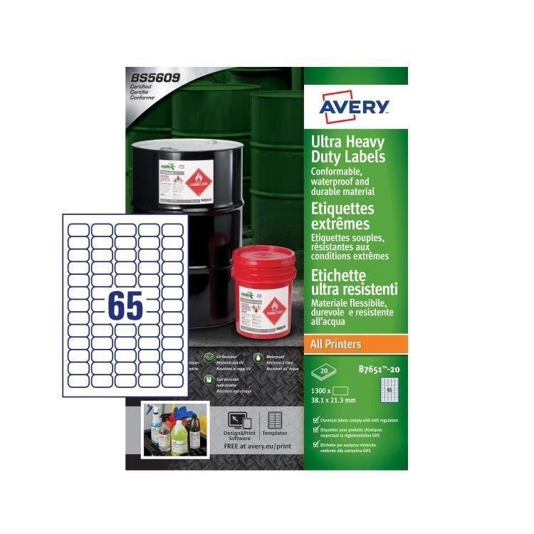 Avery B7651-20 Ultra Resistant Labels 20 Sheets - 65 Labels Per Sheet