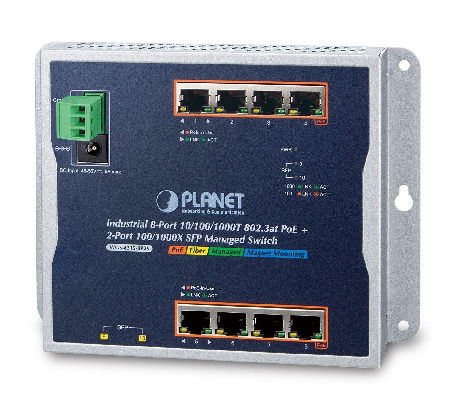 Planet WGS-4215-8P2S Network Switch Managed Gigabit Ethernet [10/100/1000] Power Over Ethernet [PoE] Black (Ip30 IPv6/IPv4 8-Port 1000T - 802.3At PoE + 2-P 100/1000X - SFP Wall-Mount Managed Etherne