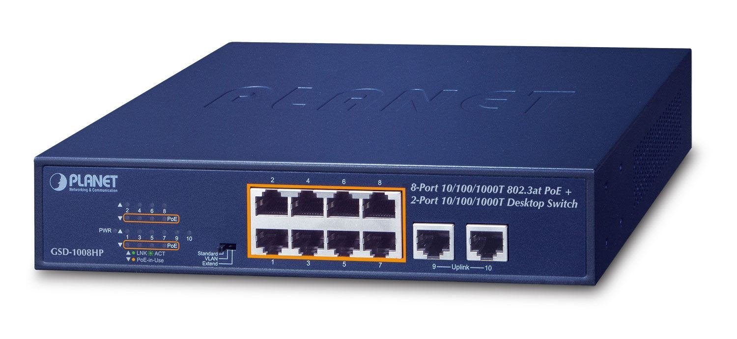 Planet GSD-1008HP Network Switch Unmanaged Gigabit Ethernet [10/100/1000] Power Over Ethernet [PoE] 1U Blue (8-Port 10/100/1000T 802.3At - PoE + 2-Port 10/100/1000T - Desktop Switch [120W PoE Budget