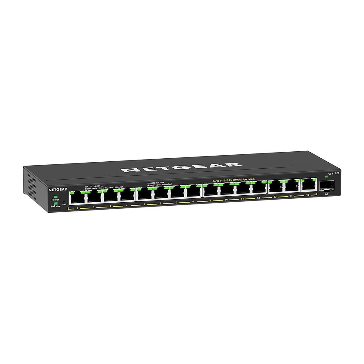 Netgear Gs316ep-100Pes Network Switch Managed Gigabit Ethernet [10/100/1000] Power Over Ethernet [PoE] Black (Netgear 16Port Switch 10/100/1000 Gs316ep)