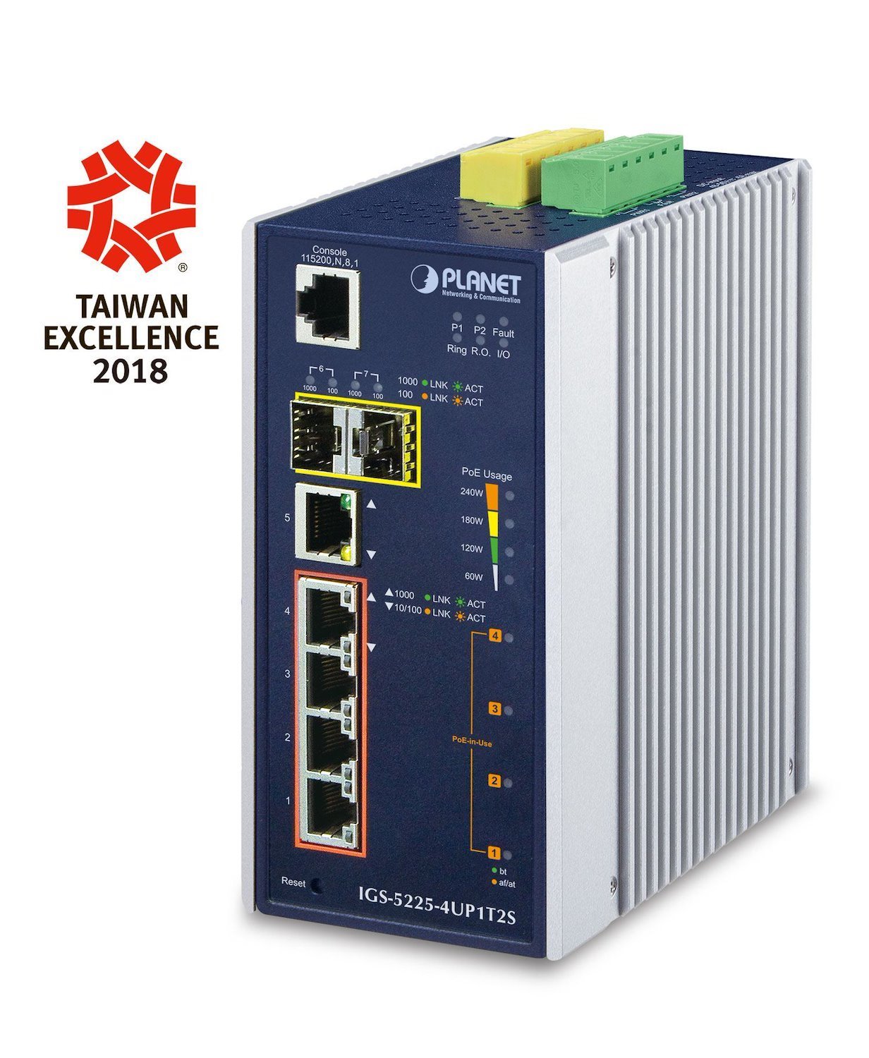 Planet Igs-5225-4Up1t2s Network Switch Managed L2+ Gigabit Ethernet [10/100/1000] Power Over Ethernet [PoE] Blue Silver (Ip30 Industrial L2+/L4 4-Port - 60W 1000T Ultra PoE+ 1-Port - 1000T + 2-Port 1