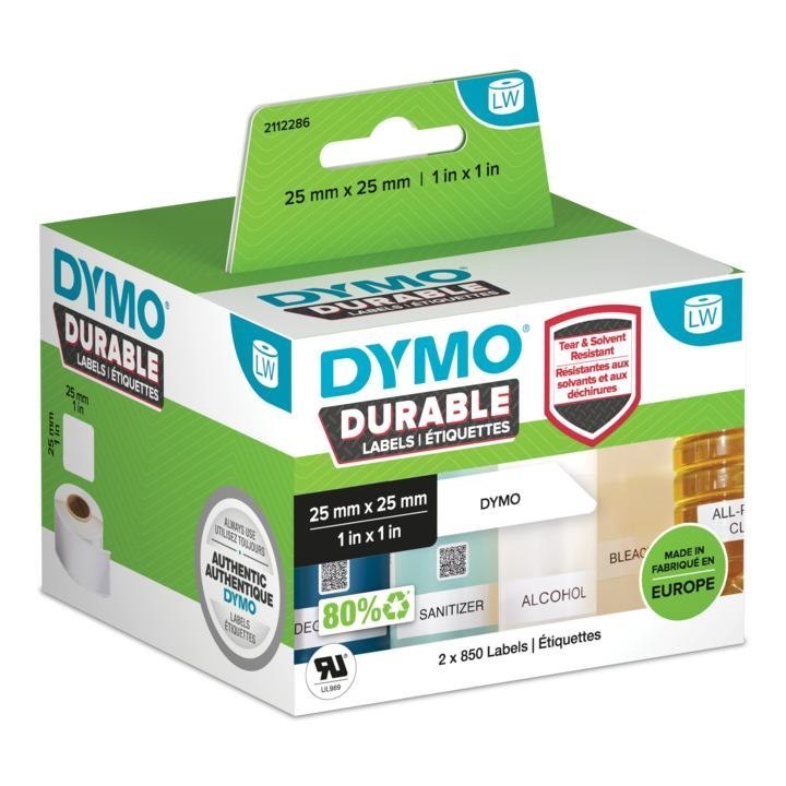 Dymo Durable White Self-Adhesive Printer Label (Dymo 2112286 LW Durable Square Multi-Purpose 25MM X 25MM Black On White)