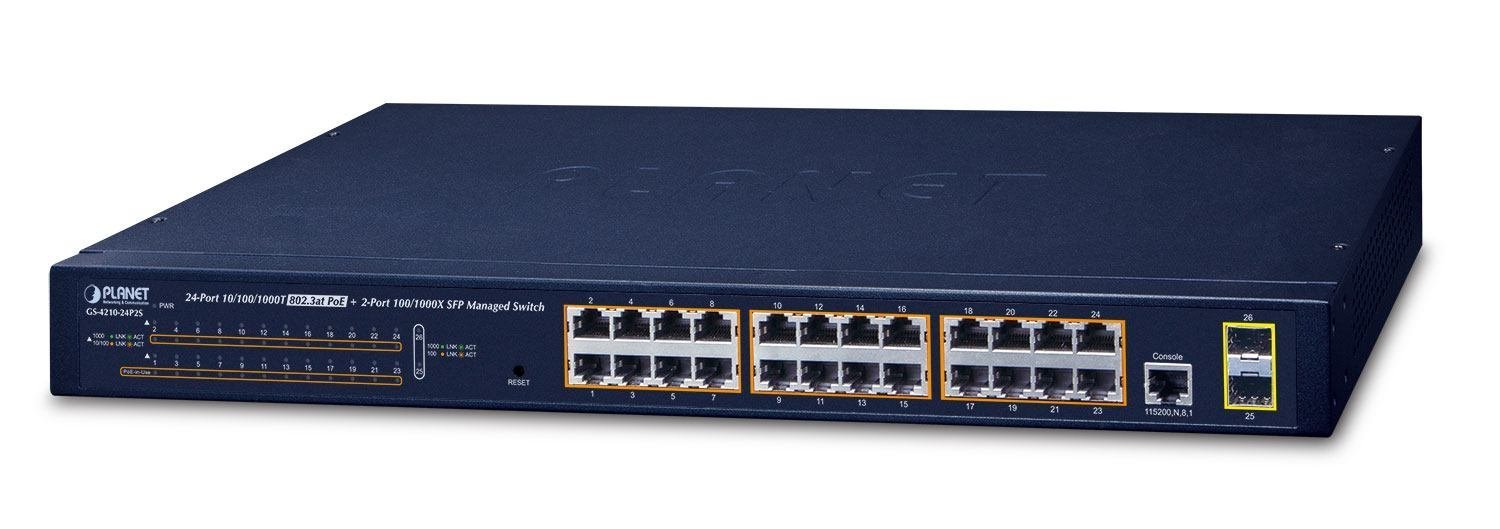 Planet GS-4210-24P2S Network Switch Managed L2/L4 Gigabit Ethernet [10/100/1000] Power Over Ethernet [PoE] 1U Blue (IPv4 24-Port Managed 802.3At - Poe+ Gigabit Ethernet Switch - + 2-Port 100/1000X SF