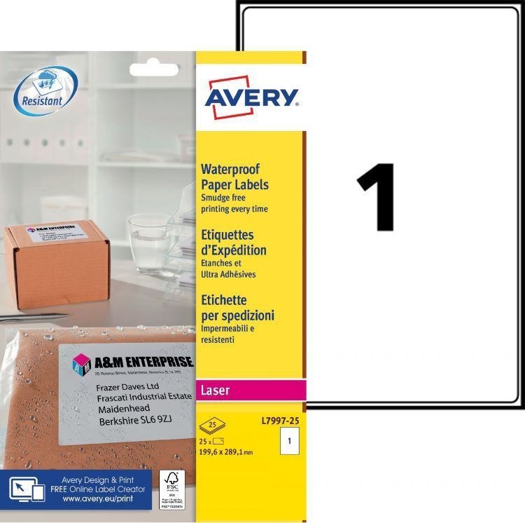 Avery L7997-25 Waterproof Labels 25 Sheets - 1 Label Per Sheet