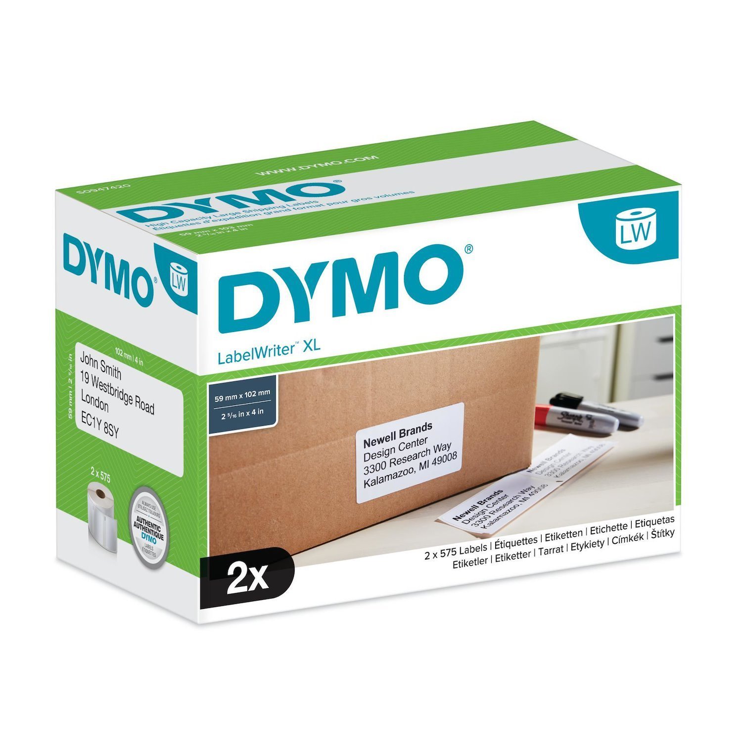 Dymo High Capacity Shipping Labels - 102 X 59 MM - S0947420 (Dymo S0947420 High Capacity XL Shipping Label Box Of 2 Rolls)