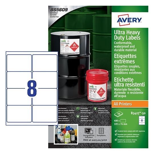 Avery B3427-50 Ultra Resistant Labels 50 Sheets - 8 Labels Per Sheet