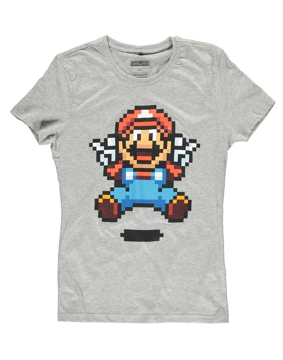 Nintendo Difuzed Super Mario Jump Pixel Art T-Shirt Crew Neck Short Sleeve Cotton Polyester (Nintendo Super Mario Bros. Pixelated Jumping Mario T-Shirt Female Large Grey [TS713188NTN-L])