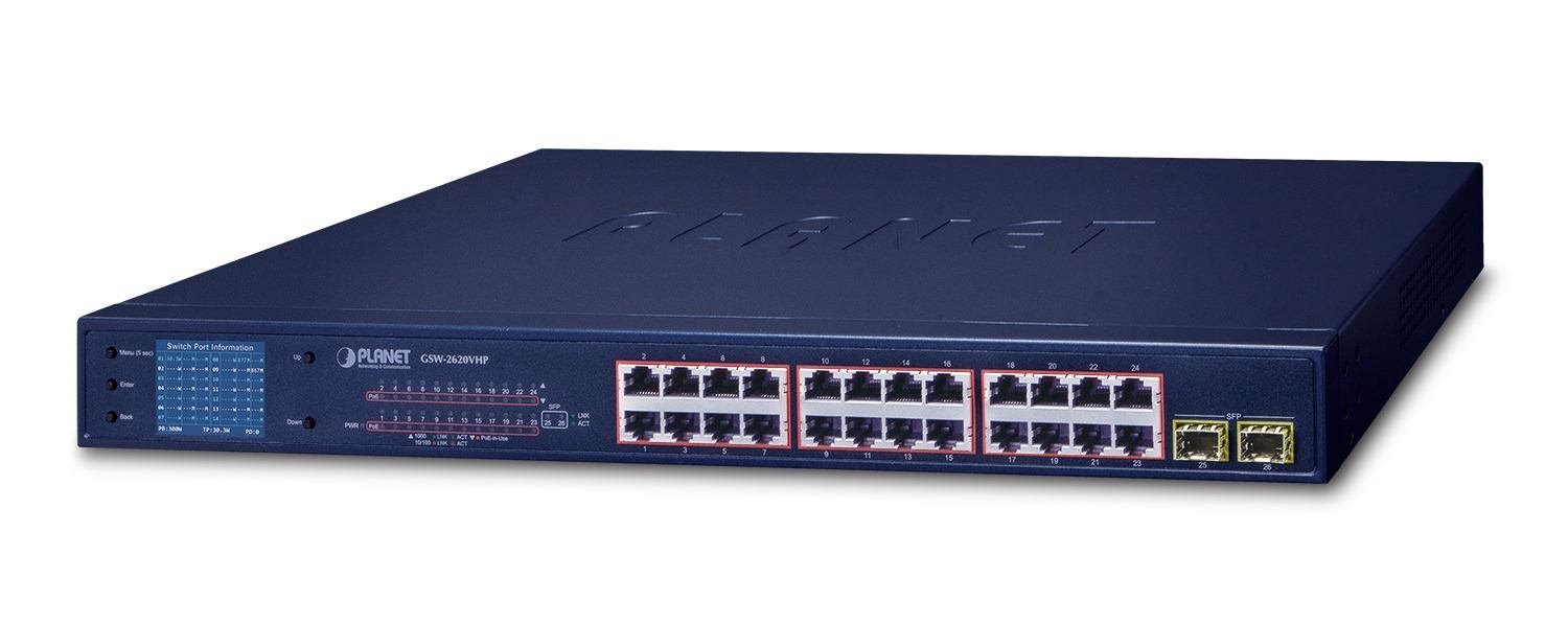 Planet GSW-2620VHP Network Switch Unmanaged Gigabit Ethernet [10/100/1000] Power Over Ethernet [PoE] 1U Blue (24-Port 10/100/1000T 802.3At - PoE + 2-P 1000SX SFP Gigabi - Switch With Smart Color LCD [