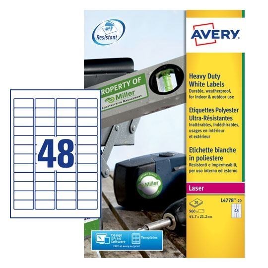 Avery L4778-20 Resistant Labels 20 Sheets - 48 Labels Per Sheet