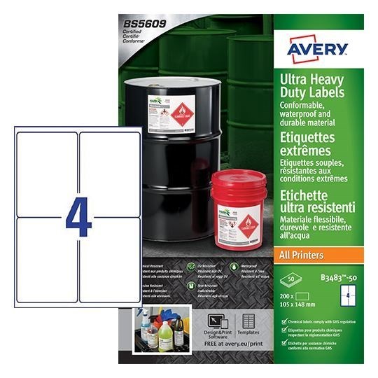 Avery B3483-50 Ultra Resistant Labels 50 Sheets - 4 Labels Per Sheet