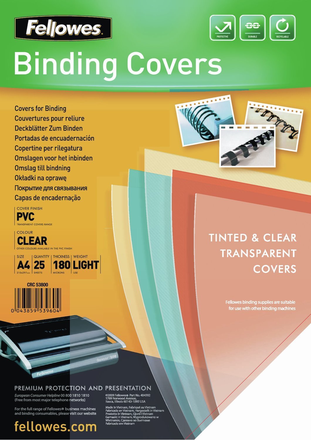 Fellowes 5380001 Binding Cover A4 PVC Transparent 25 PC[S] (Fellowes PVC Cover A4 180 Micron Clear)