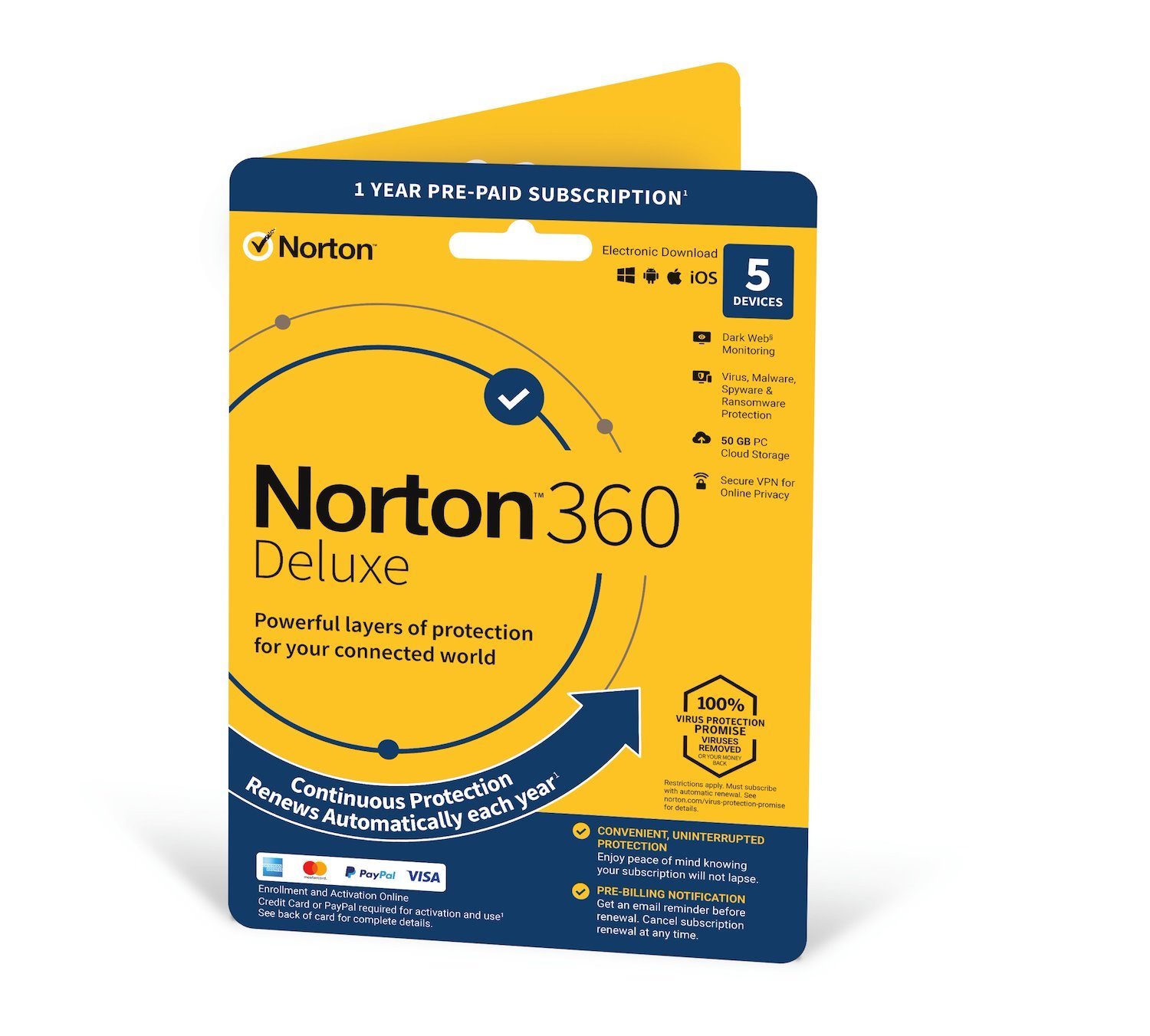 Norton 360 Deluxe 50GB In 1 User 5 Device 12Mo STD Ret Enr Card DVDSLV