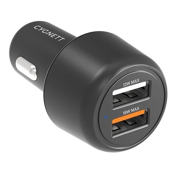 Cygnett CarPower 30W Dual Port Car Charger - Black (CY3680CYCCH), Dual Charging (2X Usb-A), 18W (QC 3.0) Fast Charging, 3.6X Faster Than Standard 5W