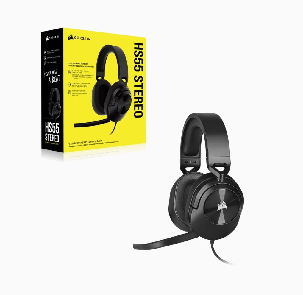 Corsair HS55 Carbon Stereo Gaming Headset, PS5 3D Audio, Box X, Switch, Discord Certified, Ultra Comfort Foam, Usb