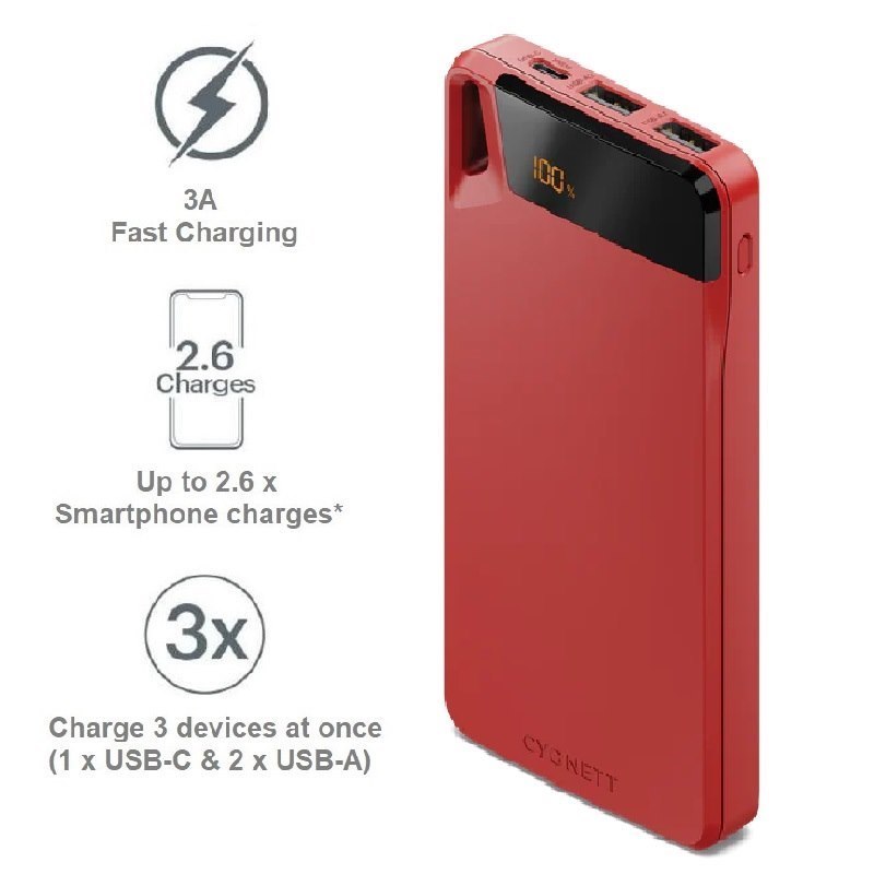 Cygnett ChargeUp Boost 4TH Gen 10K mAh Power Bank -Red(CY4749PBCHE)Triple Port(Dual Usb-A 15W + 1xUSB-C 15W),15cm Usb-C Cable,15W Max,2 Years Warranty