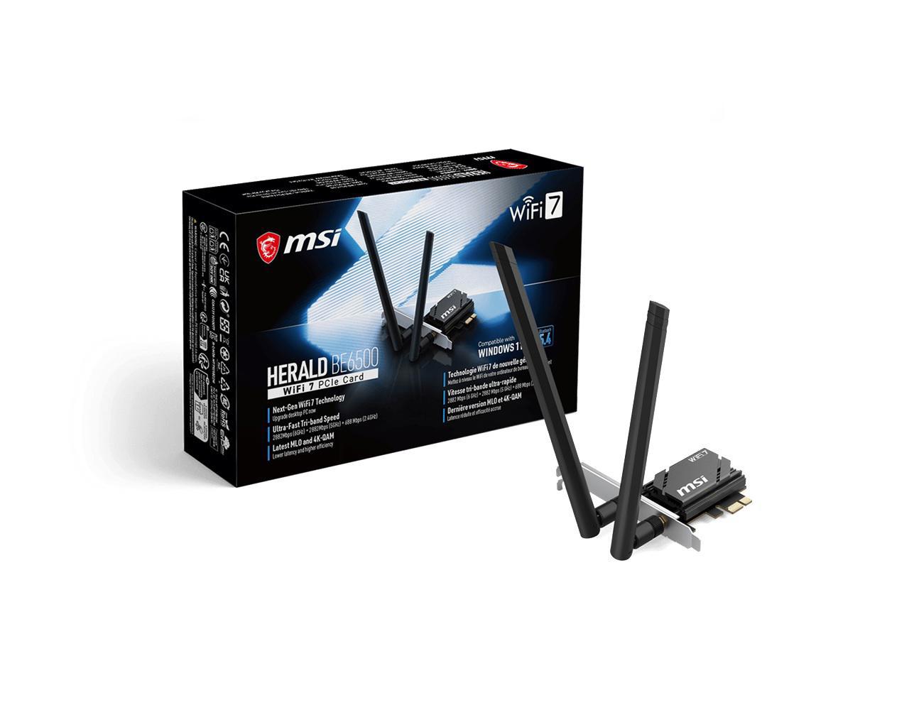 Msi Herald Be6500 WiFi 7 PCIe Card, Tri-Band WiFi 7, Be6500, BT 5.4, PCIe X1, 2X2 Up To 2882Mbps, Wpa3, Win11