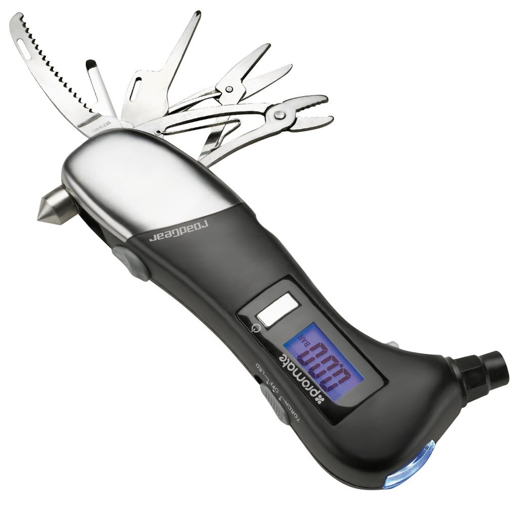 Promate 'roadGear' Multifunction Digital Tire Pressure Gauge With Emergency Hammer-Black