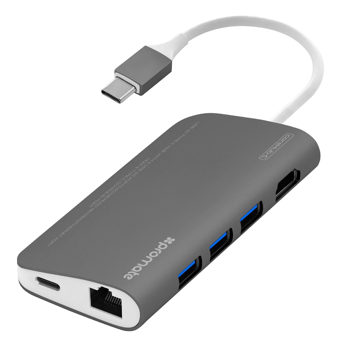 Promate 'CoreHub' 8-In-1 Usb 3.1 Type-C Hub With Power Delivery - Grey