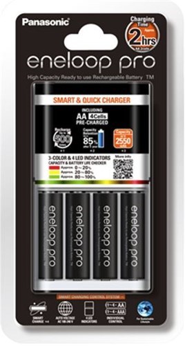 Panasonic Eneloop Quick Charger + 4 Aa Eneloop Pro Batteries