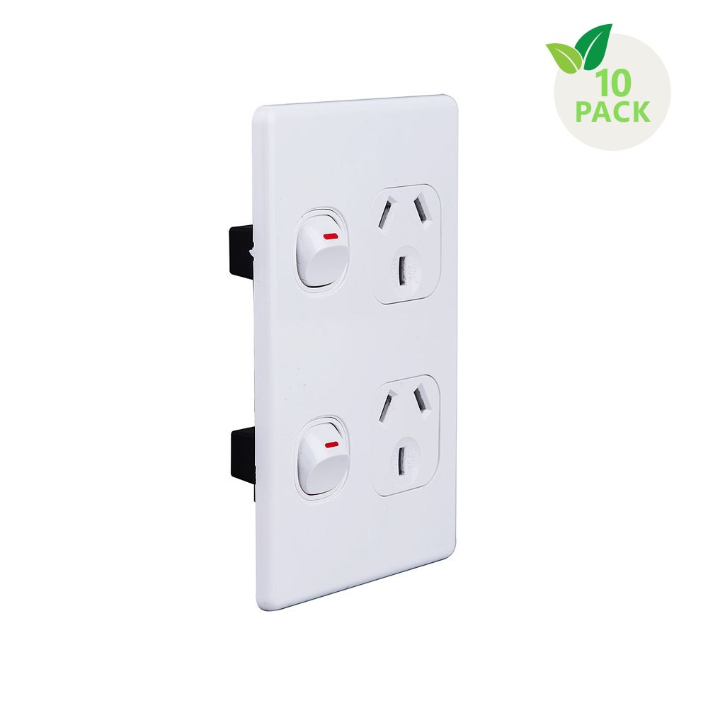 4Cabling 4C | Elegant Double Power Point 250V 10A - Vertical - 10 Pack With 10 Free C-Clips