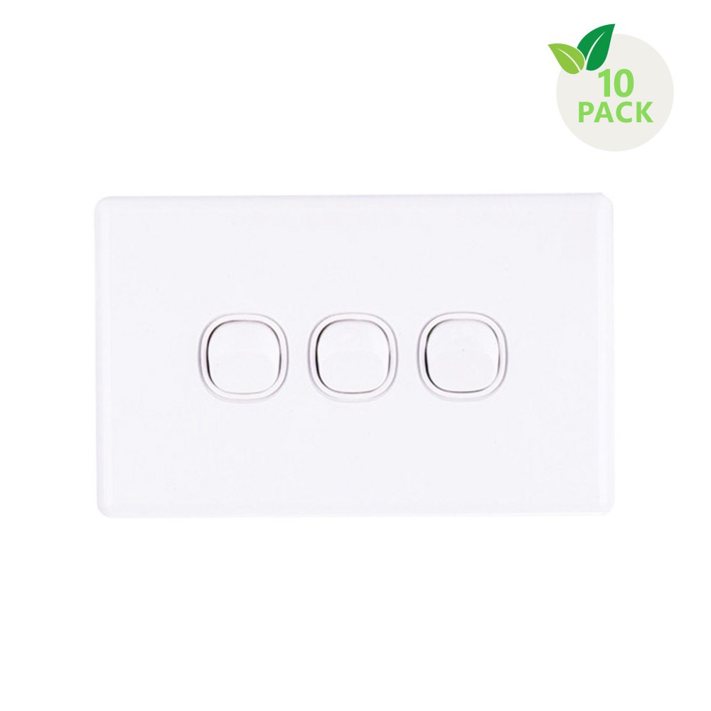 4Cabling 4C | Elegant Wall Switch 3 Gang 250V 16A - Horizontal - 10 Pack With 10 Free C-Clips