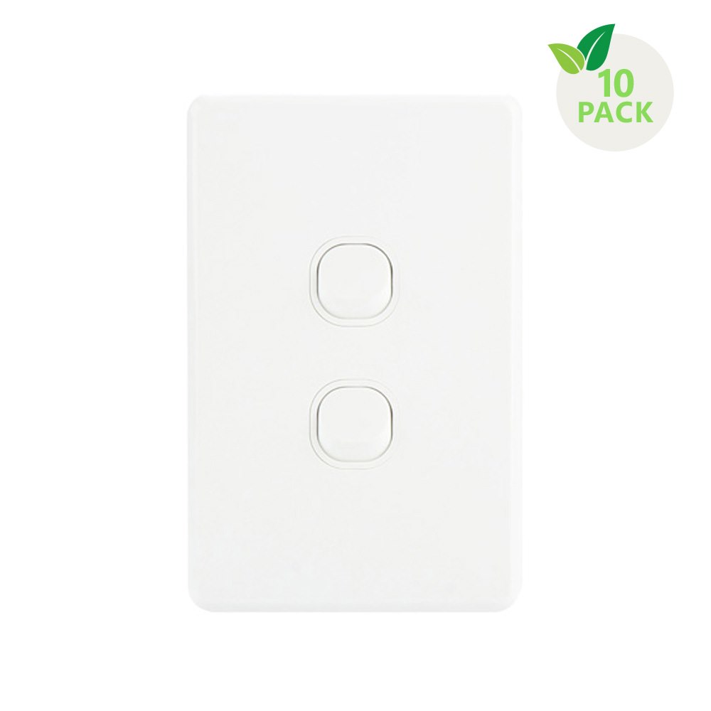 4Cabling 4C | Classic 2 Gang Switch 250V 16Ax - Vertical - 10 Pack With 10 Free C-Clips