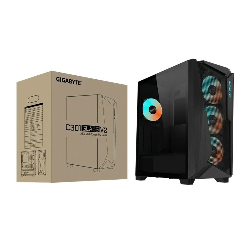 Gigabyte C301G Mid PC Case, RGB, Usb-C, Usb(2), Audio, Glass Side Panel, Black, Atx