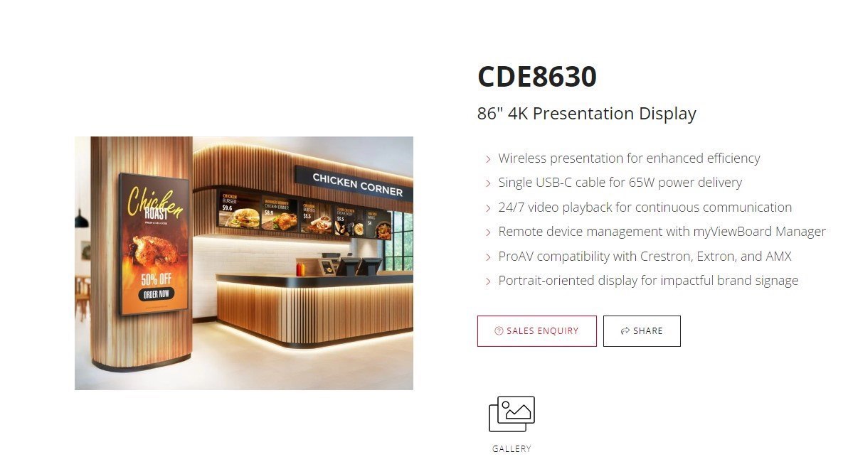 Viewsonic 86' 4K Wireless Commercial Presentation Display With Built-In Viewboard Cast. Cde8630 Wireless Display. Miracast 3YRS On Site WTY