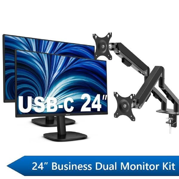 Philips 24" Business Dual Monitor Docking Kit, 1X 24" FHD Business Monitors, 1X 24" FHD Usb-C Docking Business Monitor &Amp; 1X Shintaro Dual Monitor Arm