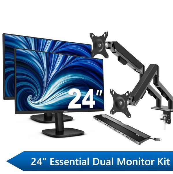 Philips 24" Essential Dual Monitor Docking Kit, 2X 24" FHD Business Monitors, 1X J5Create Usb-C Docking Station &Amp; 1X Shintaro Dual Monitor Arm