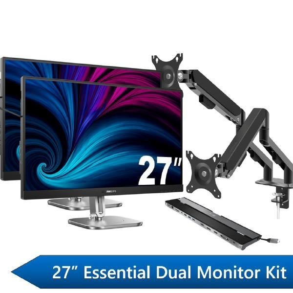 Philips 27" Essential Dual Monitor Docking Kit, 2X 27" QHD Business Monitors, 1X J5Create Usb-C Docking Station &Amp; 1X Shintaro Dual Monitor Arm