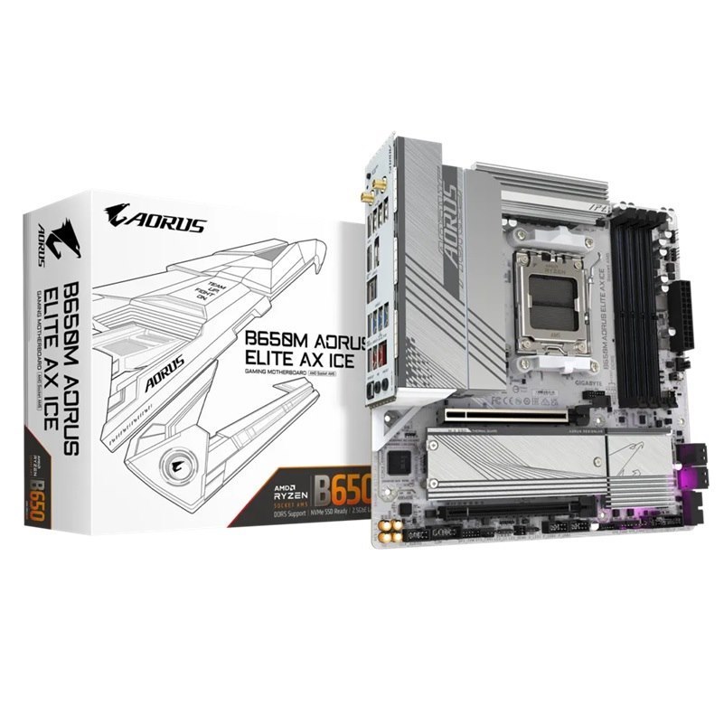 Gigabyte B650M Aorus Elite Ax Ice Amd B650 Am5 Atx Motherboard 4X DDR5~256GB,1x PCIe X16, 2X M.2, 4X Sata 6Gb/s, 2X Usb 3.2, 1X Usb-C, 4X Usb 2.0