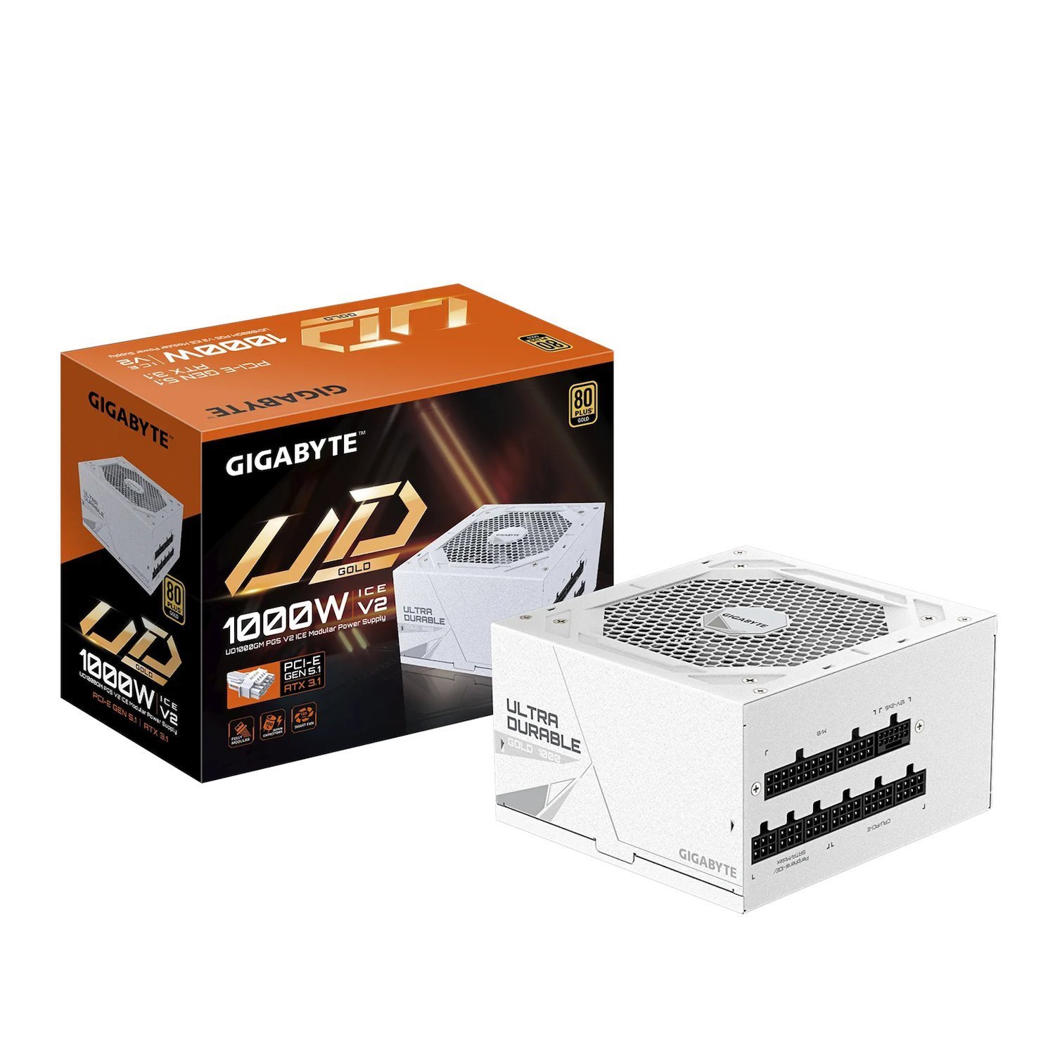 Gigabyte Ud1000gm PG5 Ice 1000W Atx Psu Power Supply 80+ Gold >90% 120MM Fan Black Flat Cables Single +12V >100K HRS