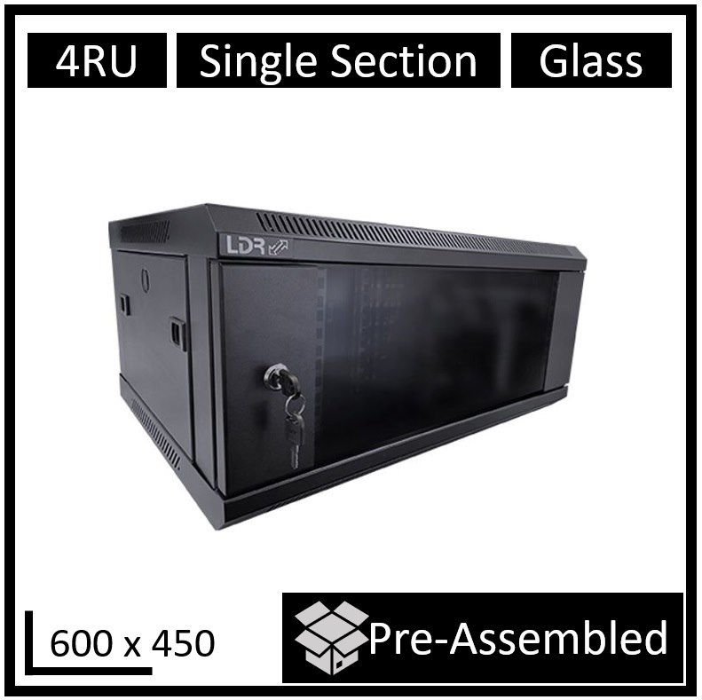 LDR Assembled 4U Wall Mount Cabinet (600MM X 450MM) Glass Door - Black Metal Construction - Top Fan Vents - Side Access Panels