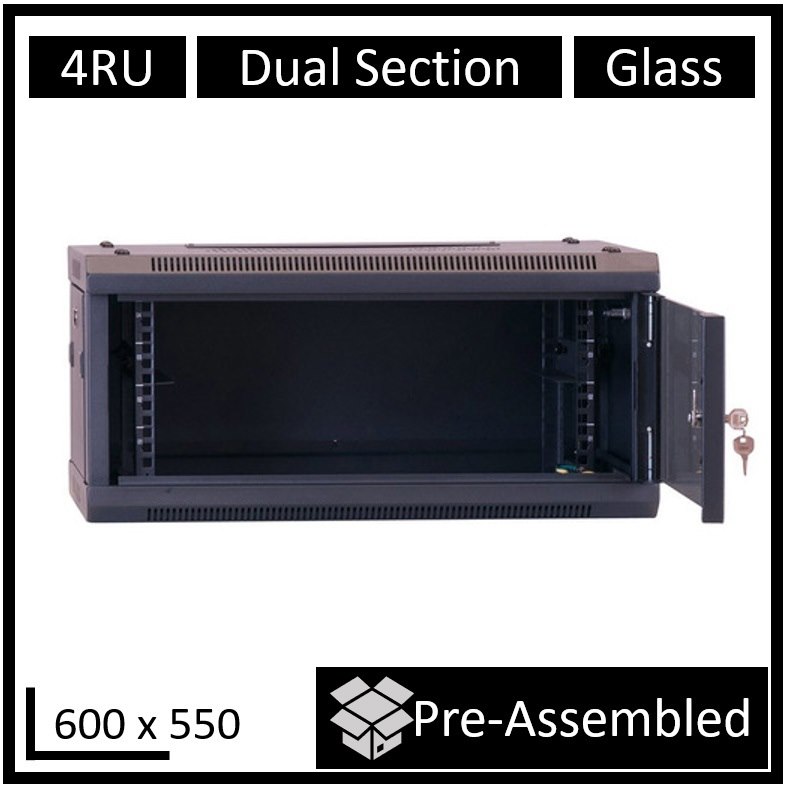 LDR Assembled 4U Hinged Wall Mount Cabinet (600MM X 550MM) Glass Door - Black Metal Construction - Top Fan Vents - Side Access Panels