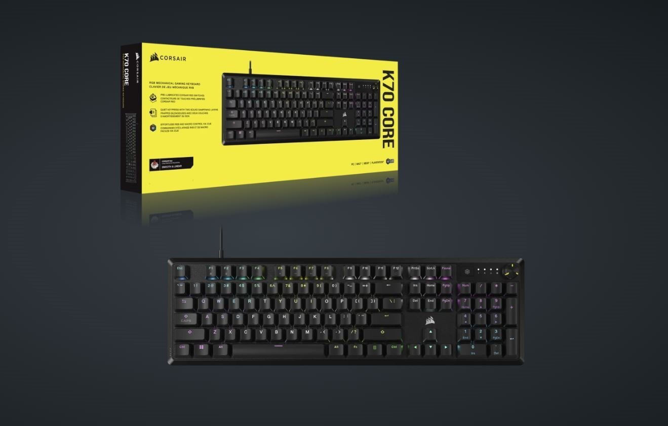 Corsair K70 Core RGB PBT Double Shot Keycaps. Corsair MLX Red Switches, Media Control, Bright Led, Aluminum Top Plate, Icue, Keyboard