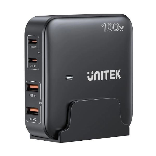 Unitek 100W 4-In-1 Desktop GaN Charger, 2 Usb-C PD, 2 Usb-A QC3.0, With Power Cord, Black, Unitek Gift Box