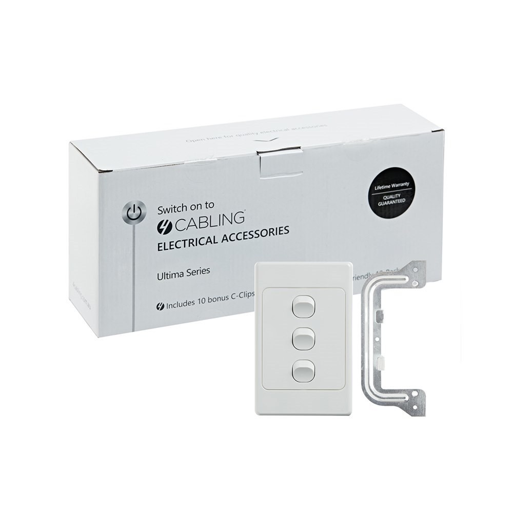 4Cabling 4C | Ultima 3 Gang Switch 250V 16Ax - Vertical - 10 Pack With 10 Free C-Clips