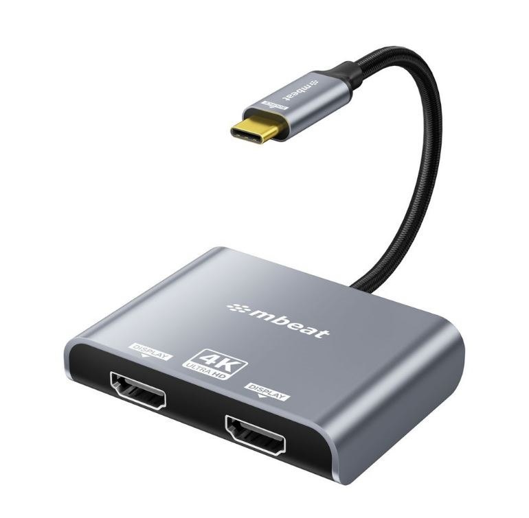 Mbeat® Tough Link Usb-C To Dual 4K/60Hz Hdmi MST Adapter 4K (3840X2160) @ 60Hz, 4K (3840X2160) @ 30Hz, 2K (2560X1440) @ 60Hz- Space Grey