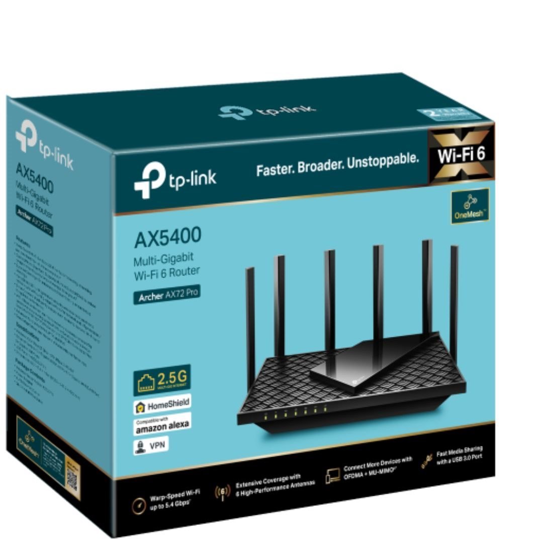 TP-LinkAX5400 Dual-Band Wi-Fi 6 Router
SPEED: 574 MBPS At 2.4 GHz + 4804 MBPS At 5 GHz
SPEC: 6× Antennas, 1× 2.5 GBPS Wan/Lan Port + 1× Gigabit Wan/Lan Port+3*