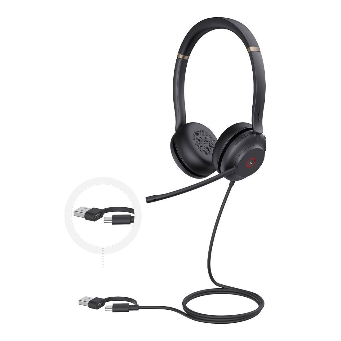 Yealink (Uh37 Dual Uc Usb-C/A) Unified Communications Usb Wired Headset, Dual, Usb-C To Usb-A Adapter, Dual Noise-Cancelling Mic, 35MM Speaker, Busylight & Leat