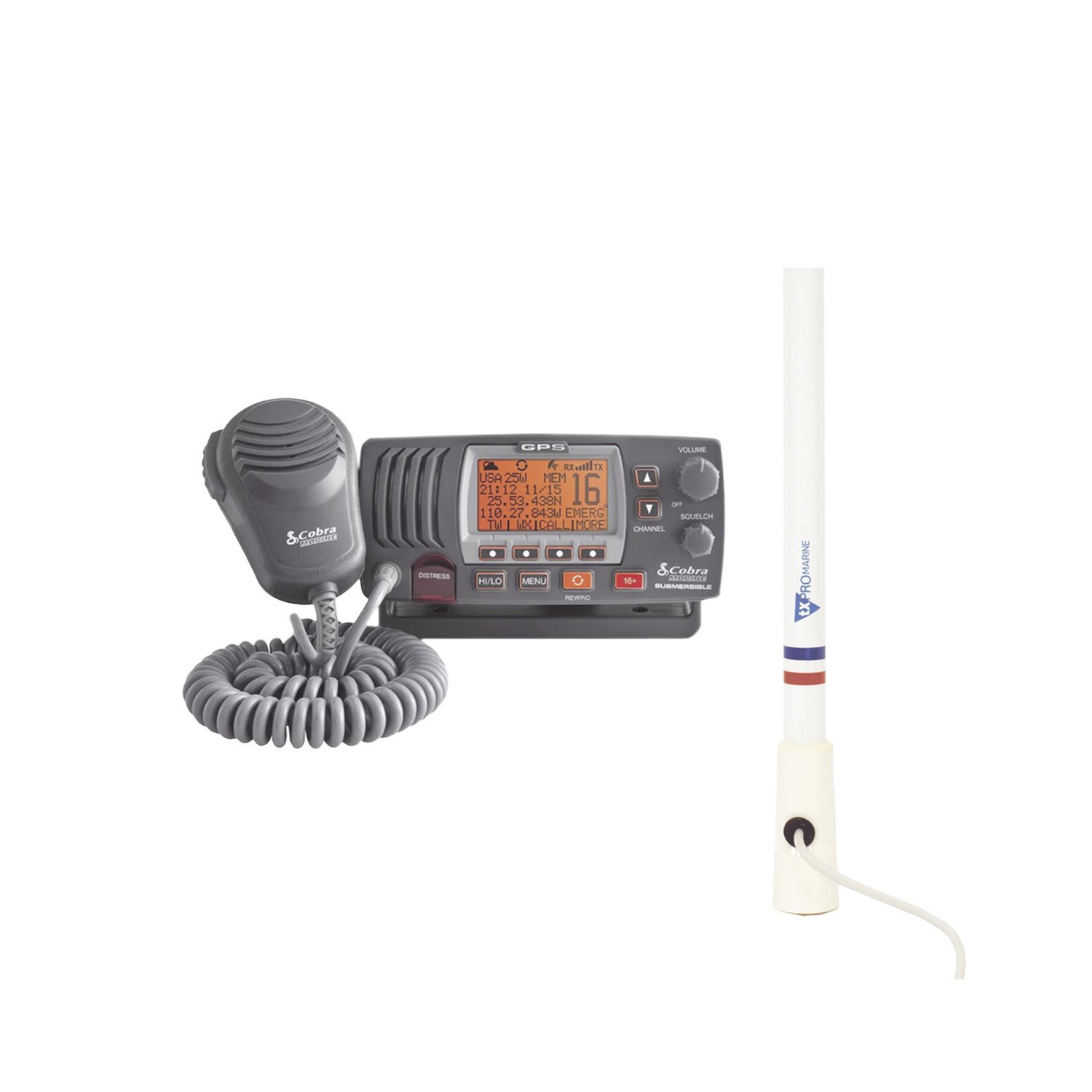 Cobra Kit Of Radio MRF77BGPS, Marine Antenna TX-5206-SYS And Ratchet 4186