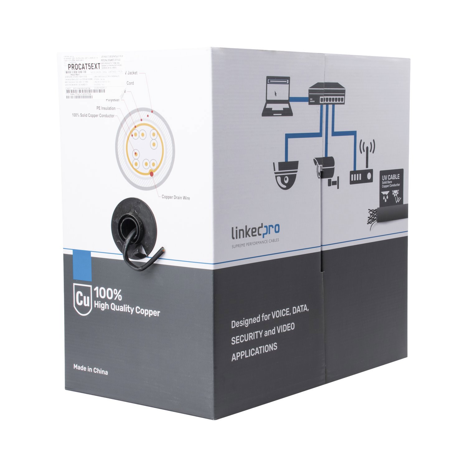 Linkedpro BY Epcom Reel Of 1000 FT, Cat5e FTP, Shielded, Ul Black Color, For Video Surveillance Applications, Data Networks And Outdoor Use
