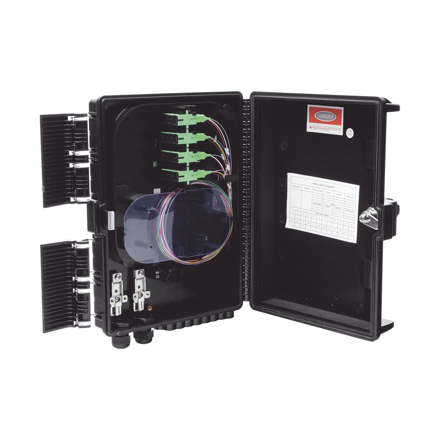 Fiberhome Fiber Distribution Box, 24 Splices, Ip65, Black, Indoor/Outdoor, With 16 Sc/Apc Adaptors And 1X16 Splitter