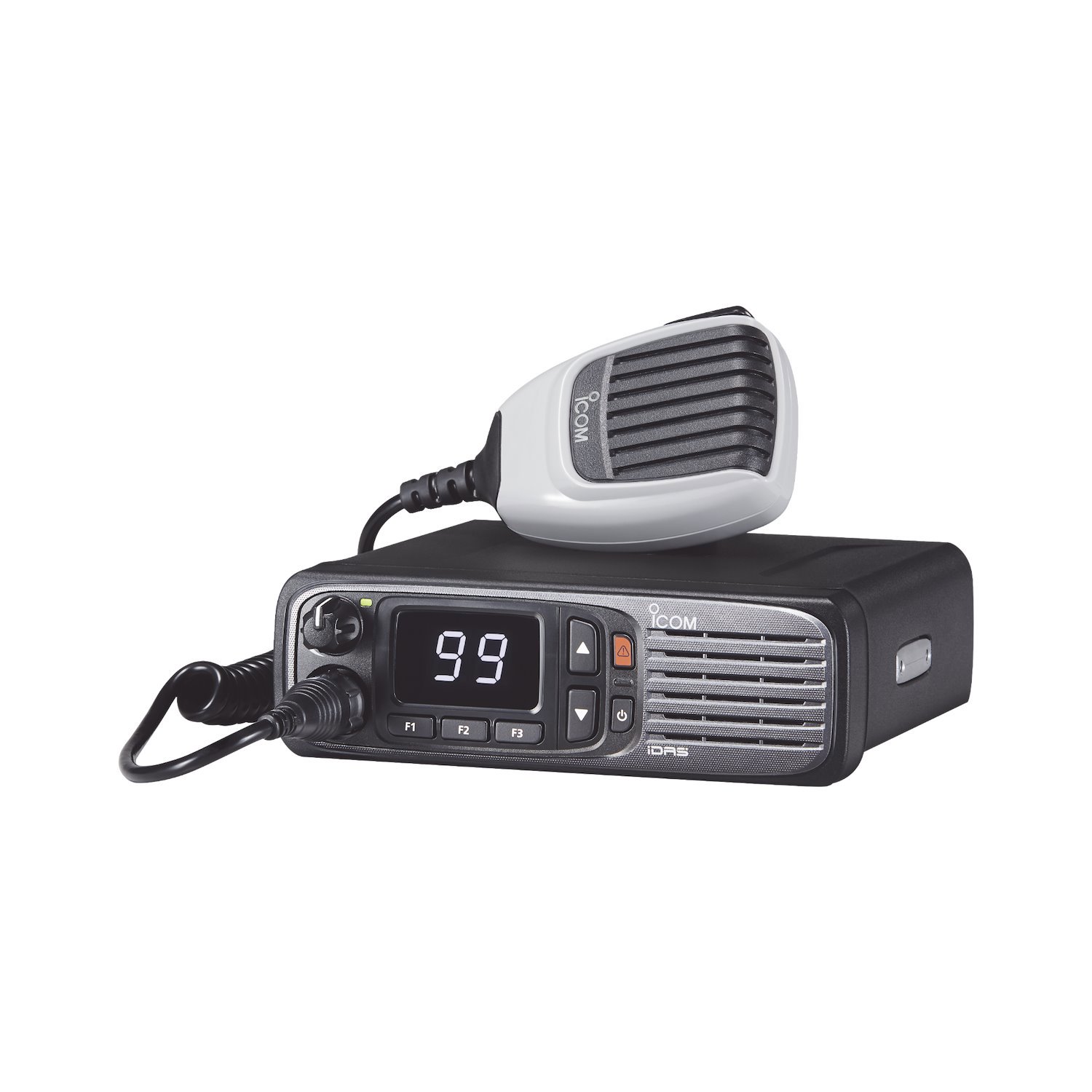 Icom Digital Mobile Radio With Numerical Display, In The Range Of 380-470MHz, 99 Selectable Channels, GPS, And Bluethooth. Includes Microphone, Power Cable And Bracket.